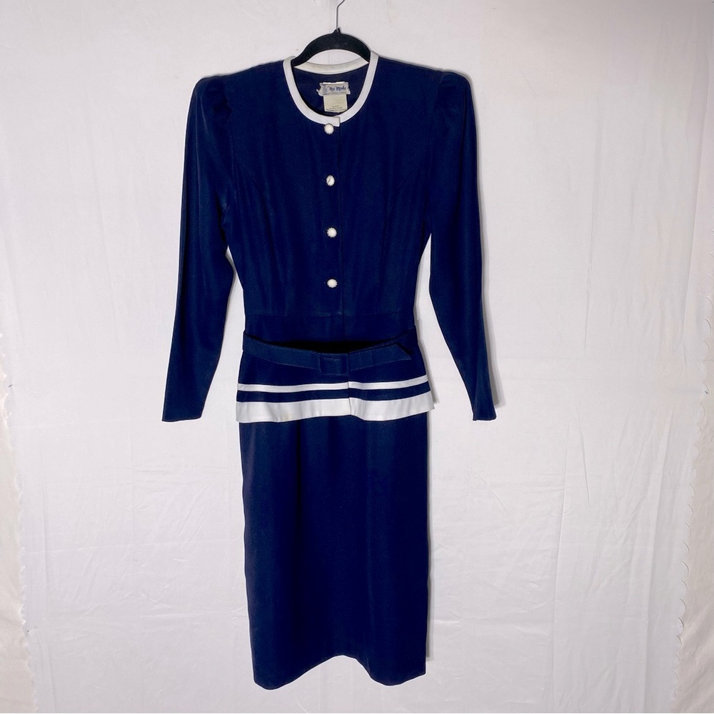 Vintage Nu-Mode Navy Blue Long Sleeve Button Front Belted Dress L Secretary